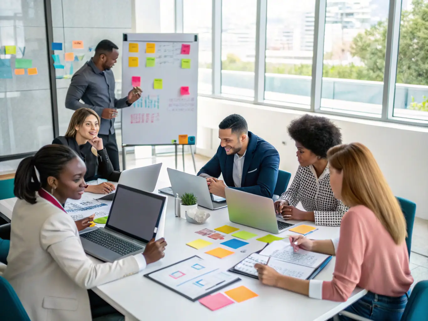 An image of a diverse group of professionals participating in a leadership workshop, collaborating on a project with enthusiasm and focus.