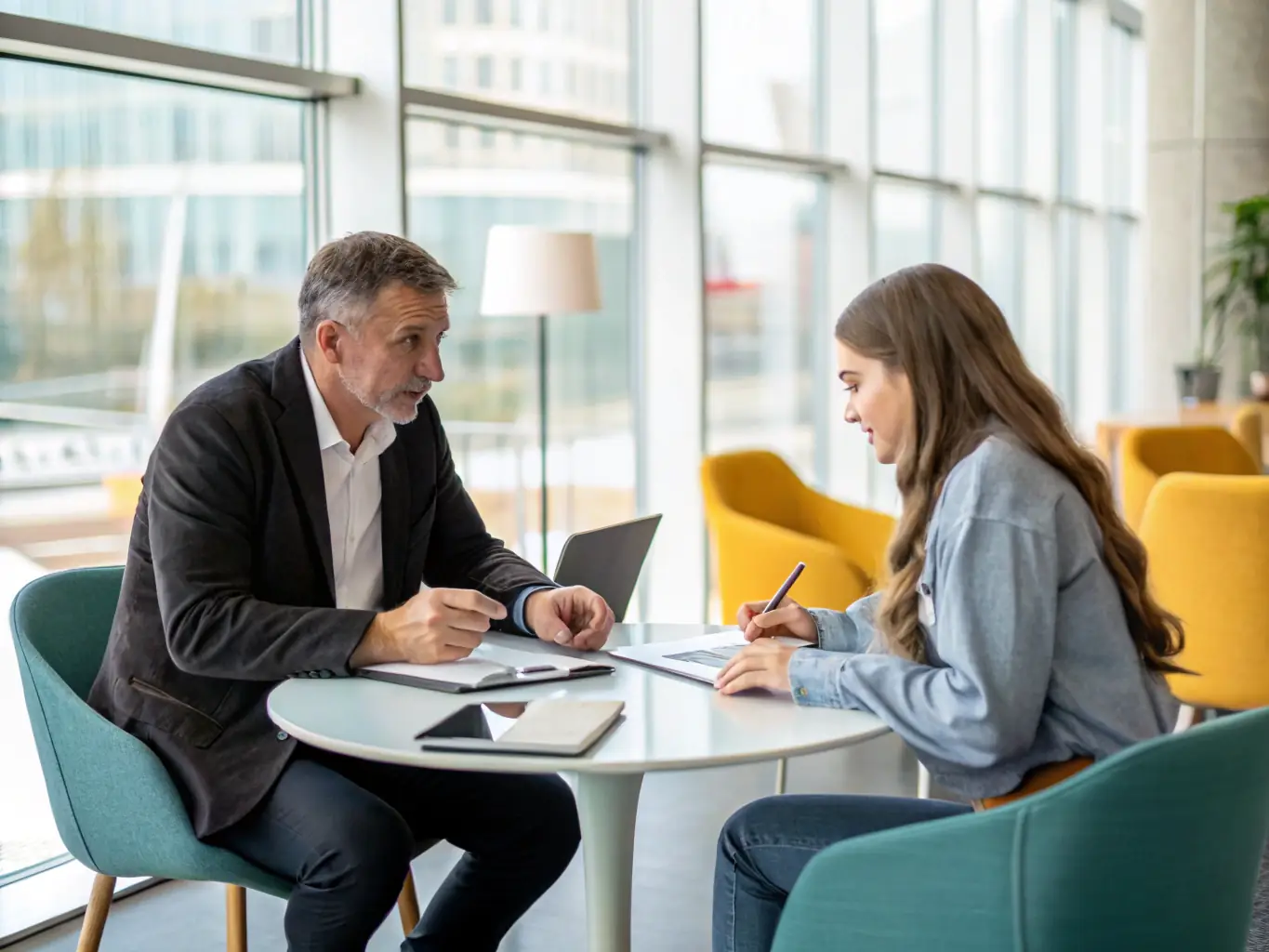 A coach and client reviewing a resume and discussing career options in a bright, modern office.