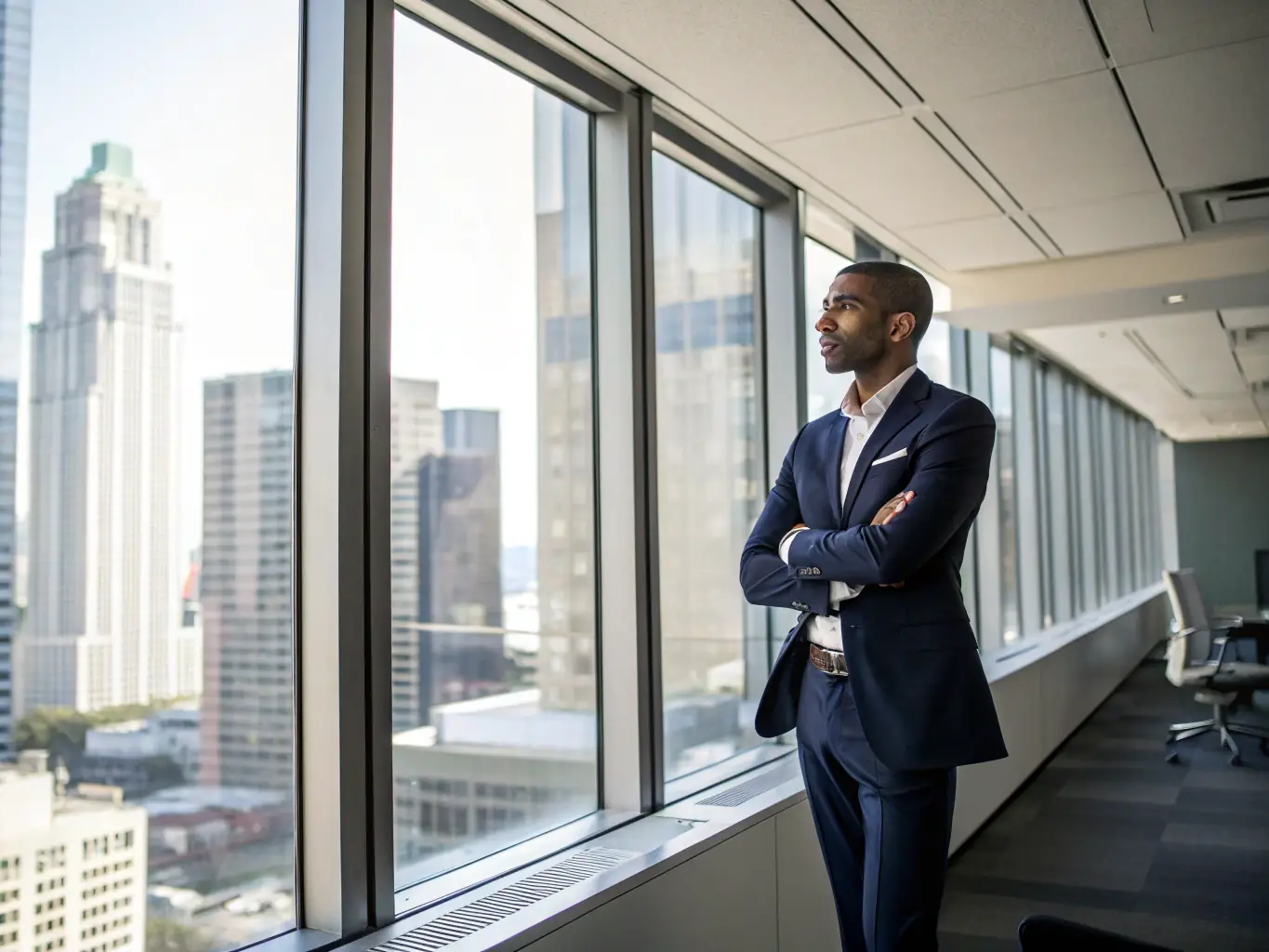 A professional in a business suit confidently presenting a strategic plan in a modern office setting, symbolizing leadership development.